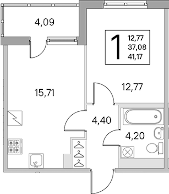 1-комнатная квартира 37.08 м², 3/5 эт., ЖК «ЮгТаун. Олимпийские кварталы»